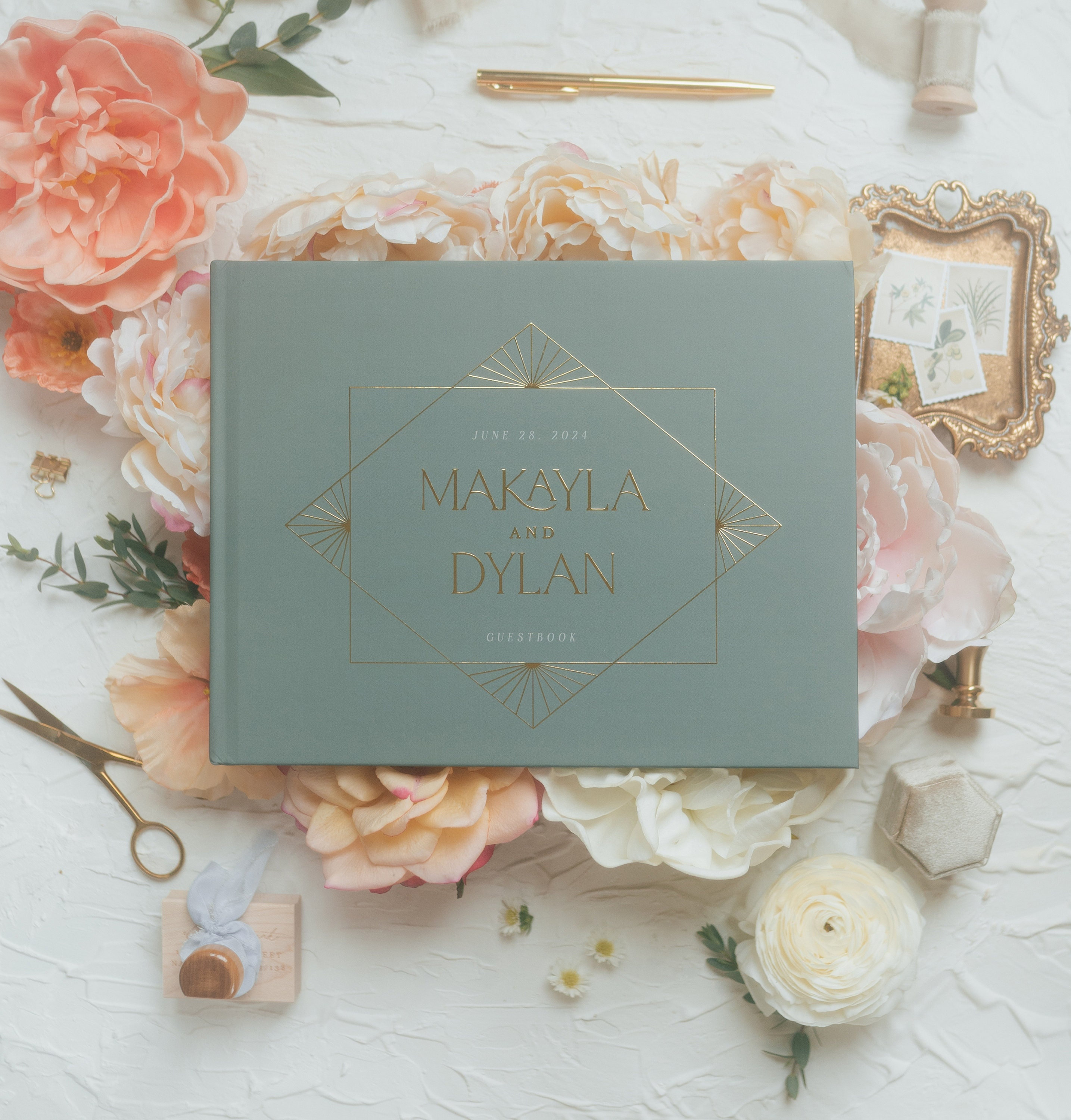 Vintage Wedding Guest Book, Green Wedding Hardcover Photo Album, Art Deco Gold Foil, Anniversary Album, Sign In Book - Makayla