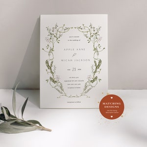 Greenery Wedding Invitation Template, Printable Wedding Invitation, Wildflower Invitation, Floral Wreath, White and Green Invitation, Apple image 5