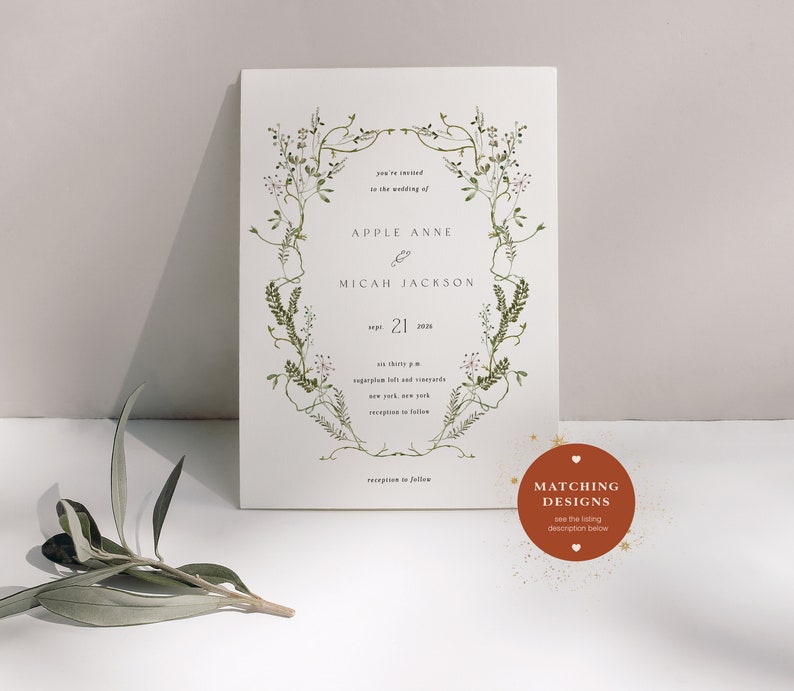 Greenery Wedding Invitation Template, Printable Wedding Invitation, Wildflower Invitation, Floral Wreath, White and Green Invitation, Apple image 5