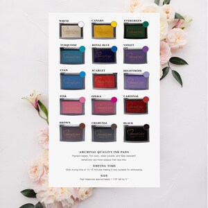 May include: A chart of 16 VersaColor ink pads in various colors, including white, canary, evergreen, turquoise, royal blue, violet, cyan, scarlet, heliotrope, pink, opera, cardinal, brown, charcoal, and black. The ink pads are archival quality, water-soluble, fade-resistant, and pigment-based. The drying time is 10-15 minutes, making them suitable for embossing. Each pad measures approximately 1 7/8 inches tall by 3 inches wide.