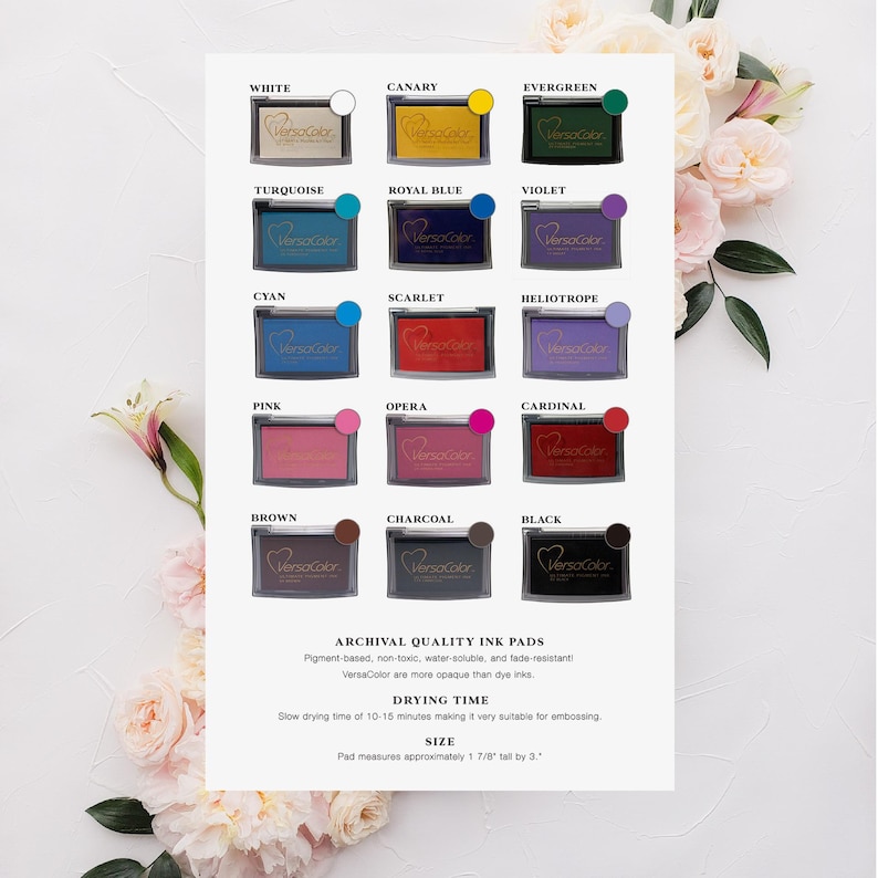 May include: A chart of 16 VersaColor ink pads in various colors, including white, canary, evergreen, turquoise, royal blue, violet, cyan, scarlet, heliotrope, pink, opera, cardinal, brown, charcoal, and black. The ink pads are archival quality, water-soluble, fade-resistant, and pigment-based. The drying time is 10-15 minutes, making them suitable for embossing. Each pad measures approximately 1 7/8 inches tall by 3 inches wide.