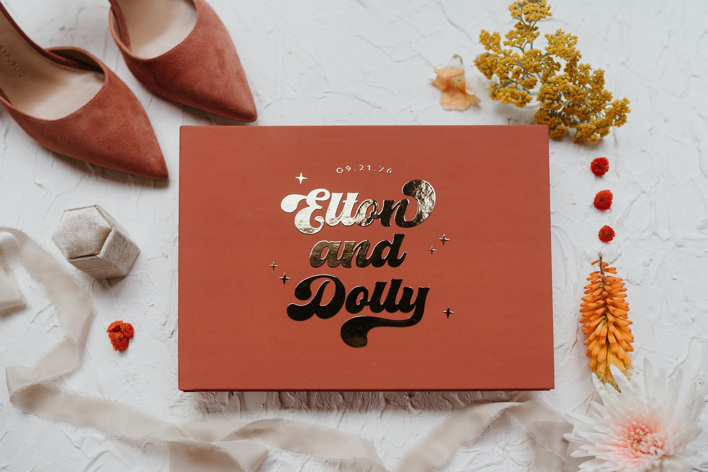 Retro Wedding Guest Book, Gold Foil and Earth Tones, Custom Wedding Hardcover Photo Album, Groovy Bridal Shower Sign In Book #Dolly