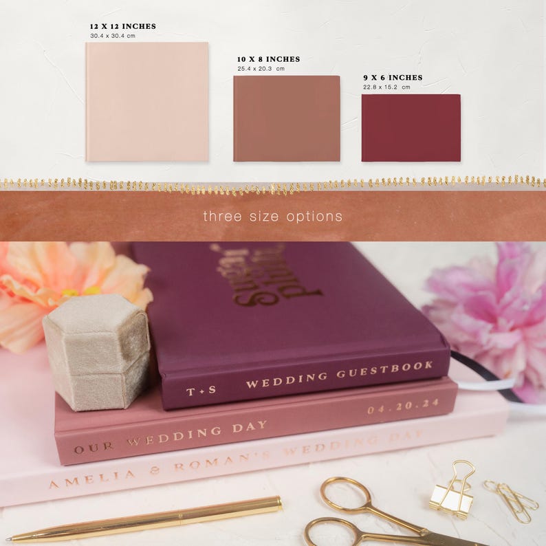 May include: Three square cards in blush, terracotta, and burgundy, with dimensions of 12 x 12 inches, 10 x 8 inches, and 9 x 6 inches. The image also shows a wedding guestbook, ring box, and stationery.