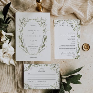 Greenery Wedding Invitation Template, Printable Wedding Invitation, Wildflower Invitation, Floral Wreath, White and Green Invitation, Apple image 1