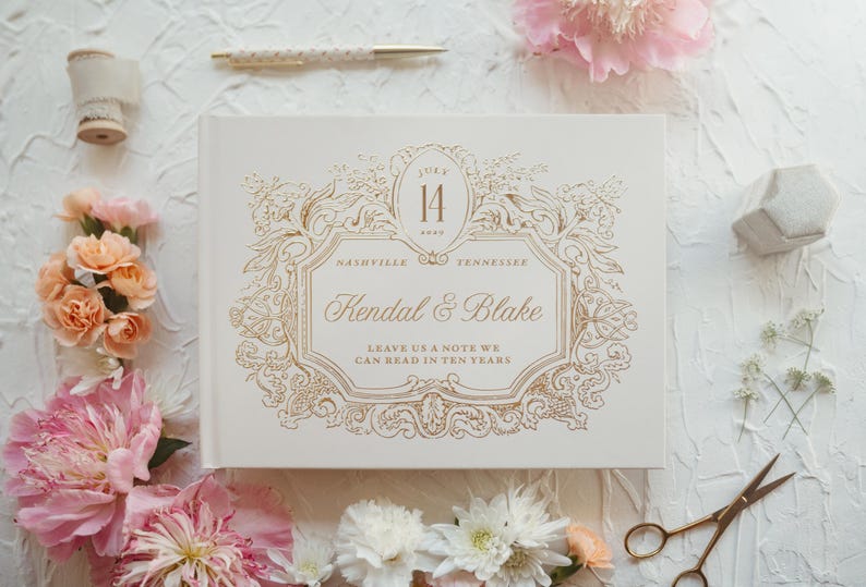 Elegant Wedding Guest Book, Foil Pressed Personalized Hardcover Photo Book, Vintage Wedding Keepsake Book image 4