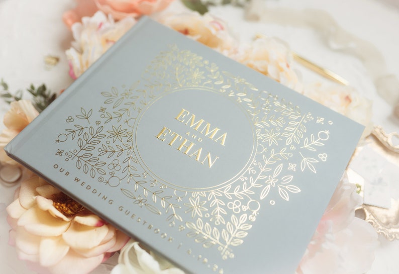 Boho Wedding Guest Book, Garden Wedding Hardcover Photo Album, Gold Foil and Sage Green, Anniversary Album, Sign In Book Emma image 2