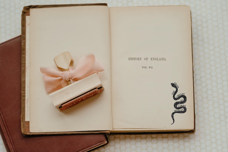 Puede incluir: Un libro antiguo abierto con el t&iacute;tulo "History of England" y un sello decorativo con un lazo rosa. El libro tiene una cubierta marr&oacute;n oscuro y el sello tiene un mango de madera y una base rectangular. Ilustraci&oacute;n de serpiente.