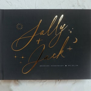 Black and Gold Wedding Guestbook, Celestial Wedding Sign In Photo Book for Instant Photos, Personalized Gold Foil, Blank Black Pages, Sally