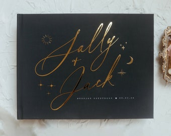 Black and Gold Wedding Guestbook, Celestial Wedding Sign In Photo Book for Instant Photos, Personalized Gold Foil, Blank Black Pages, Sally