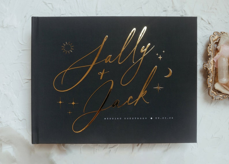 Black and Gold Wedding Guestbook, Celestial Wedding Sign In Photo Book for Instant Photos, Personalized Gold Foil, Blank Black Pages, Sally image 1