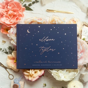 Celestial Wedding Guest Book, Stars Navy Night Wedding Hardcover Photo Album, Rose Gold Foil, Anniversary Album, Sign In Book - Allison