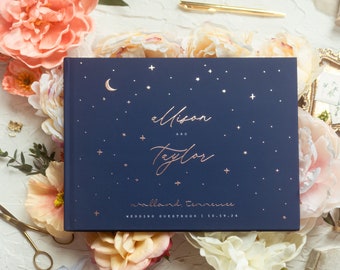 Celestial Wedding Guest Book, Stars Navy Night Wedding Hardcover Photo Album, Rose Gold Foil, Anniversary Album, Sign In Book - Allison