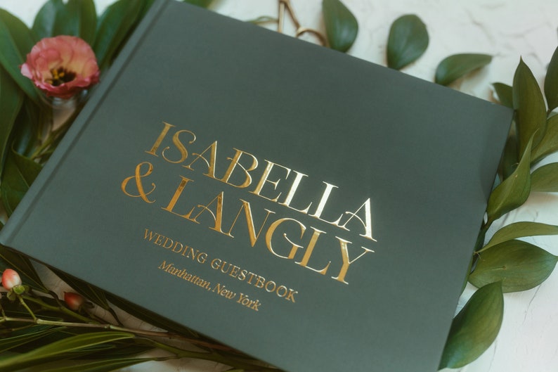 Green Guestbook, Modern Wedding Guest Book, Real Gold Foil Hardcover Wedding Photo Book for Polaroids, Traditional Guestbook Isabella image 2