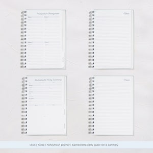 Puede incluir: Cuatro cuadernos con espiral con p&aacute;ginas rayadas blancas. Los cuadernos est&aacute;n etiquetados como "Prospective Honeymoon", "Notes", "Bachelorette Party Summary" y "Vows". Los cuadernos est&aacute;n dispuestos sobre un fondo blanco.