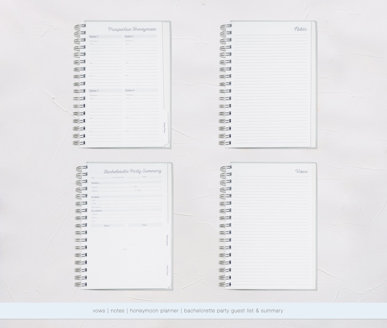 Puede incluir: Cuatro cuadernos con espiral con p&aacute;ginas rayadas blancas. Los cuadernos est&aacute;n etiquetados como "Prospective Honeymoon", "Notes", "Bachelorette Party Summary" y "Vows". Los cuadernos est&aacute;n dispuestos sobre un fondo blanco.