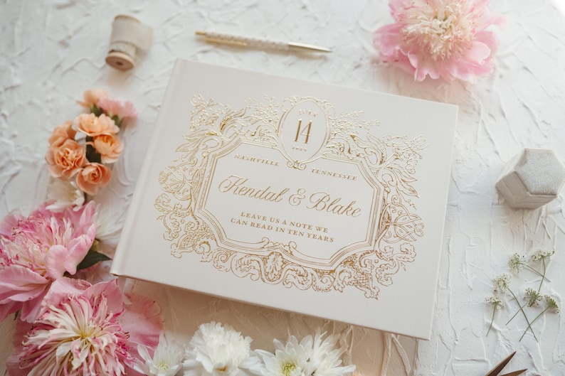 Elegant Wedding Guest Book, Foil Pressed Personalized Hardcover Photo Book, Vintage Wedding Keepsake Book image 8