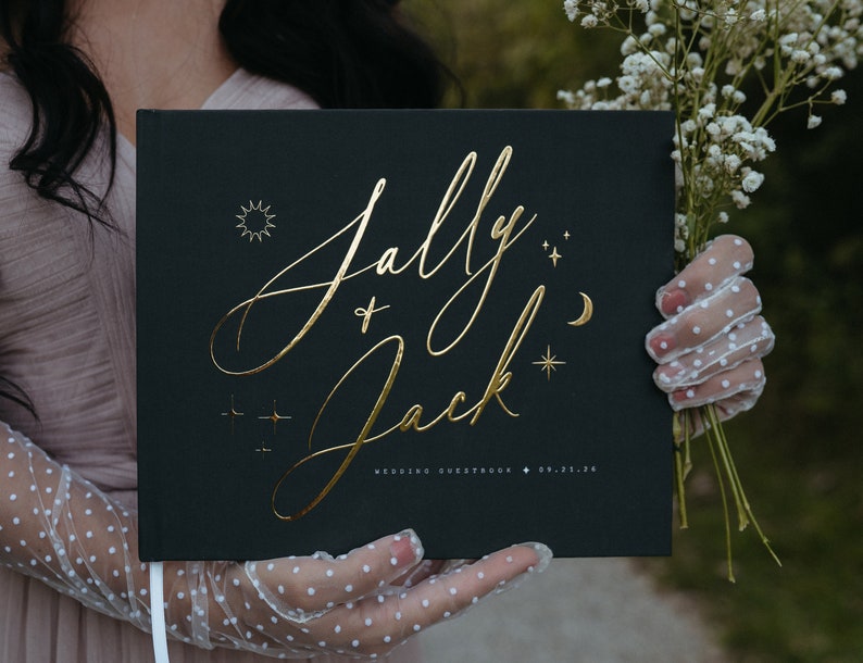 Black and Gold Wedding Guestbook, Celestial Wedding Sign In Photo Book for Instant Photos, Personalized Gold Foil, Blank Black Pages, Sally image 2