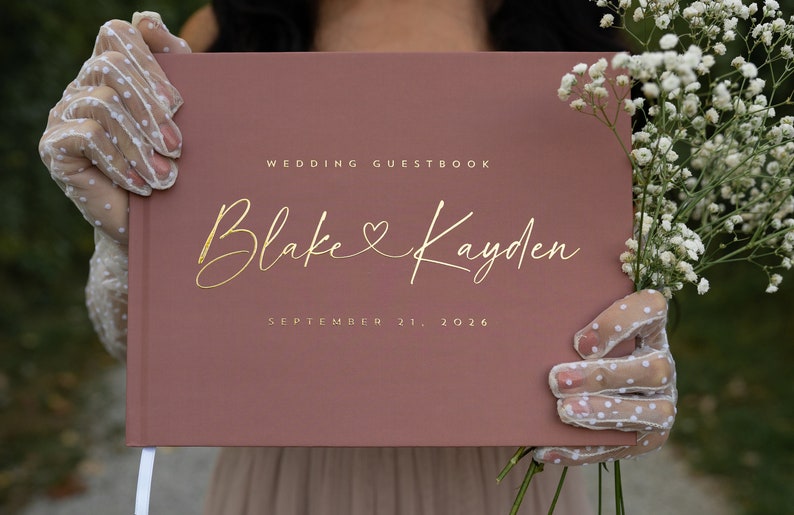 Rustic Guestbook, Modern Wedding Guest Book, Photo Book for Polaroids, Gold Foil Hardcover Wedding Album, Keepsake Book, Terracotta Blake image 1