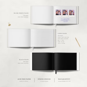 May include: An open book with blank white pages, lined pages, and black pages. The text reads "BLANK WHITE PAGES", "LINED PAGES", and "BLACK PAGES". The book has a white ribbon bookmark. The text also reads "ACID FREE PAPER", "STRONG ENOUGH", and "PAGE QUANTITY".