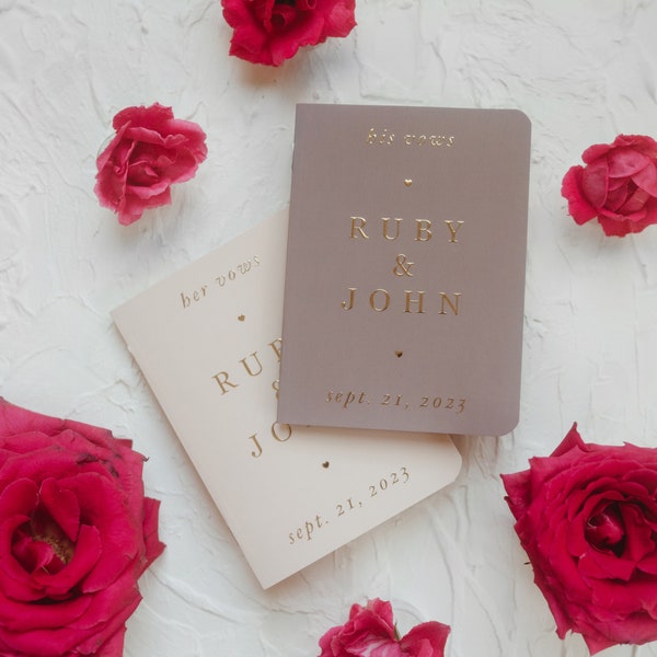 Wedding Vow Books Set of 2, Minimalist, Beige Wedding Vow Booklets with Real Gold Foil - Ruby