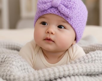 Baby Crochet Lavender Hat Pattern, Baby Turban Beanie, Big Bow Hat Pattern, Crochet Baby Beanie Tutorial