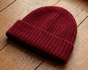 Burgundy Knit Beanie Hat, Ribbed Winter Beanie with Cuff, Cozy Warm Unisex Hat, Minimalist Wool Look Beanie, Gift for Him Her.