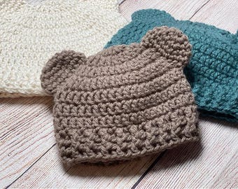 Baby Bear Beanie Crochet Pattern, Cute Newborn Hat with Ears, Easy PDF Download