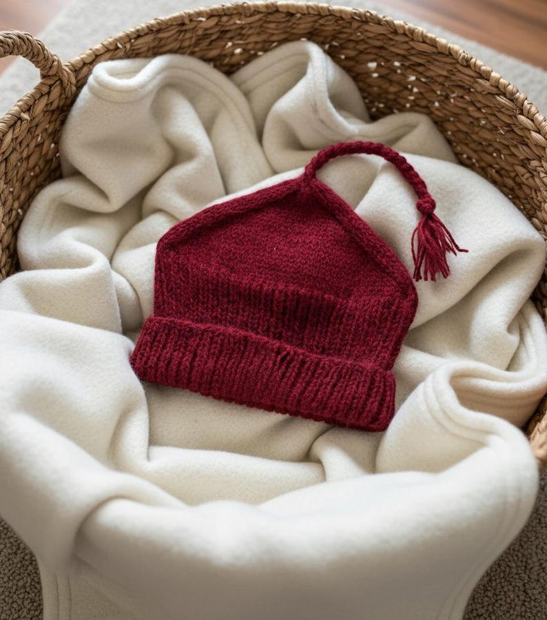 May include: A knitted burgundy baby hat with a tassel, resting in a woven basket with a white blanket. The hat has a folded brim and a pointed top. The basket is filled with a soft, white blanket.