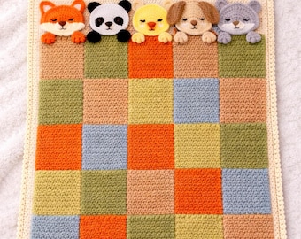 Sleepy Animal Baby Blanket Crochet Pattern, Patchwork Quilt Blanket with patches Animals, intermediate PDF Tutorial