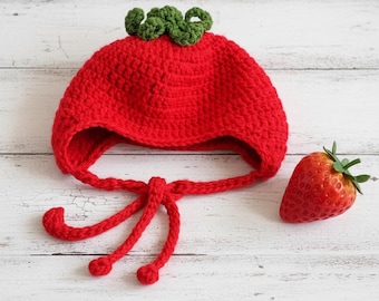 Crochet Strawberry Baby Bonnet Hat, Handmade Newborn Earflap Hat, Cute Fruit Baby Photo Prop