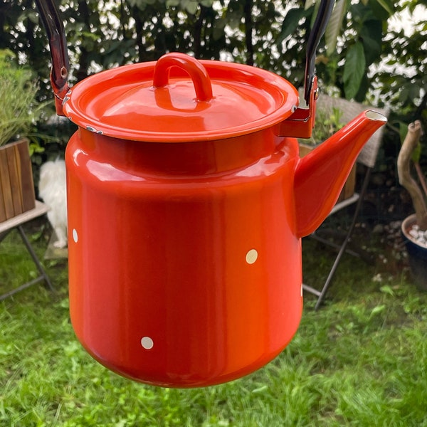 Vintage Soviet era dolka dot  enamel kettle , Rustic cottage decor