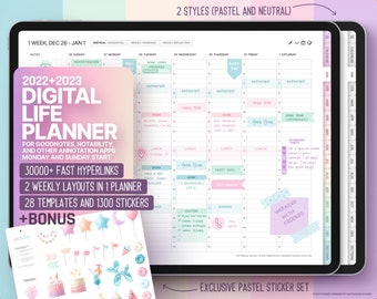 Digital Planner 2022 + 2023 Pastel Style, GoodNotes and Notability Templates, Hyperlinked PDF + Digital Pastel Sticker Set