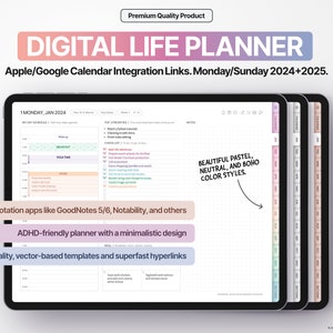 Digital Life Planner 2024 + 2025 in Pastel Boho Neutral Style, GoodNotes 5/6 and Notability Templates, Hyperlinked PDF + Digital Sticker Set