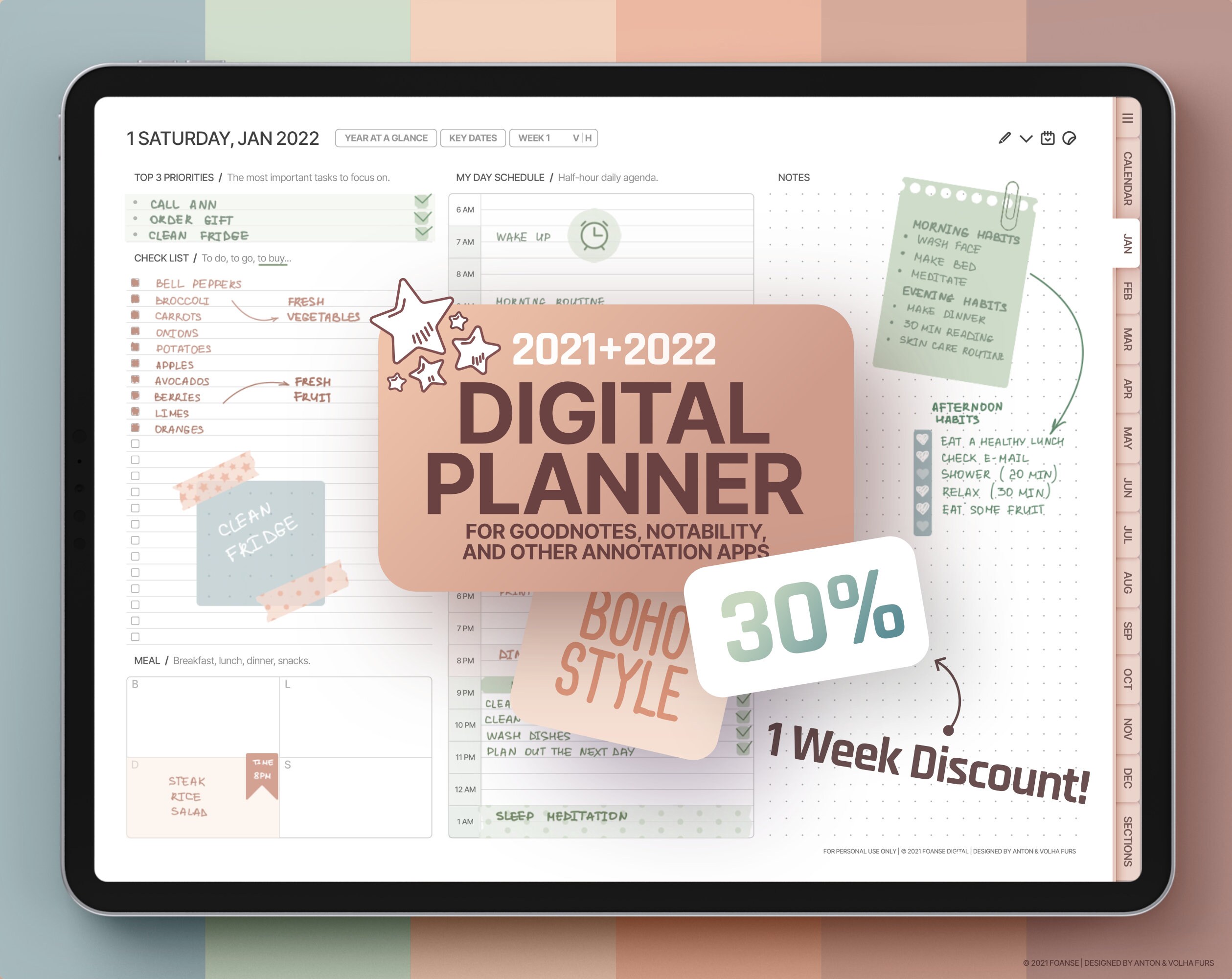 Digital Planner 2021 + 2022 Boho Style, GoodNotes and Notability Temp…
