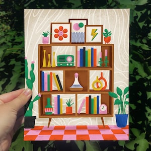 Retro Pop Boho Bookshelf Art - 8x10 Illustrated Art Print - Perfect Housewarming Gift, Birthday Gift, Mother&#39;s Day Gift, Bookish Gift
