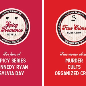 Może przedstawiać: Dwie okładki książek z czerwonymi tłami. Lewa okładka przedstawia czarno-białe koło z tekstem "Spicy Romance Novels" i dwoma sercami. Prawa okładka przedstawia czarno-białe koło z tekstem "True Crime Nonfiction" i lupą z nożem. Tekst pod okładkami brzmi "Dla fan&oacute;w SPICY SERIES KENNEDY RYAN SYLVIA DAY" i "Prawdziwe historie o MURDER CULTS ORGANISED CRIME".