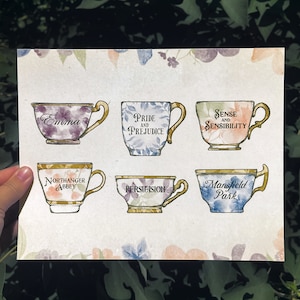 Jane Austen Art Print - Illustrated Teacups with Book Titles - Perfect Housewarming Gift, Birthday Gift, Mother&#39;s Day Gift, Bookish Gift