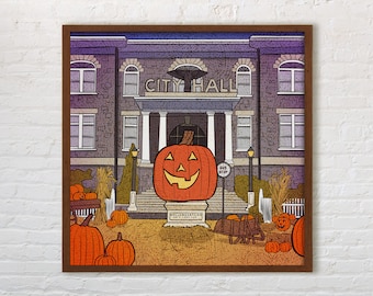 8x8 Halloweentown Illustrated Art Print - Halloween Wall Decor