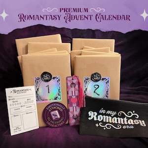 May include: A Romantasy Advent Calendar with wrapped packages, stickers, a bookmark, and a black pouch. The packages are numbered 1 and 2. The bookmark has a pink heart and tassel. The pouch reads "in my Romantasy era."