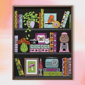 8x10 Groovy Bookshelf- Illustrated Art Print - Retro Home Decor - Perfect Housewarming, Birthday, or Holiday Gift!