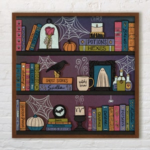 Estantería de Halloween espeluznante de 8 x 8: impresión artística ilustrada, decoración de pared de brujas