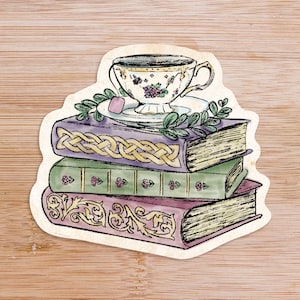 Pegatinas con ilustraciones de libros y tazas de té – 7,6 cm (3 pulgadas)