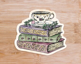 Books and Teacup Illustration Sticker – 3 inch
