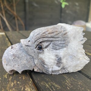 Puede incluir: Una escultura de piedra tallada de la cabeza de un águila. La escultura es principalmente gris y blanca, con detalles de plumas y ojos. El pico del águila está ligeramente abierto y la escultura está sobre una superficie de madera.