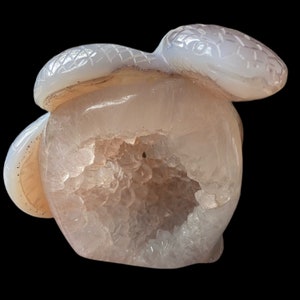 Puede incluir: Una geoda de ágata tallada con una formación de cristal natural en su interior, con forma de serpiente con la cabeza levantada. La geoda es de color rosa claro con marcas blancas y grises.