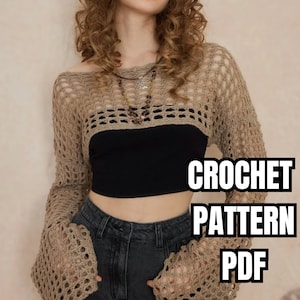 Fishnet Crochet Summer Long Sleeve Crop Top Pattern DIY Pattern Summer Crop Top Pattern, Beach Cover Up Pattern PDF