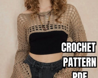 Fishnet Crochet Summer Long Sleeve Crop Top Pattern DIY Pattern Summer Crop Top Pattern, Beach Cover Up Pattern PDF