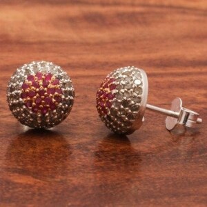 10mm Ruby Diamond Stud Earrings Pave Diamond Earrings 925 Sterling Silver Handmade Fine Jewelry Wedding Anniversary Gifts Gemstone Studs image 1