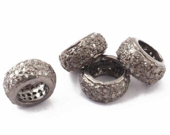 8mm Pave Diamond Sterling Silver Rondelle Spacer Beads, Handmade Jewelry Findings