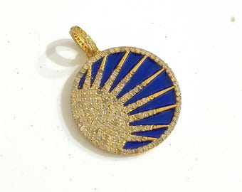 Pavé Diamond Sunburst Pendant, Blue Enamel Sterling Silver Necklace Charm Coin (25mm)